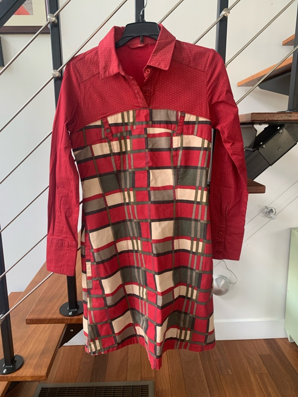Red Plaid Long-Sleeve Shirt Dress